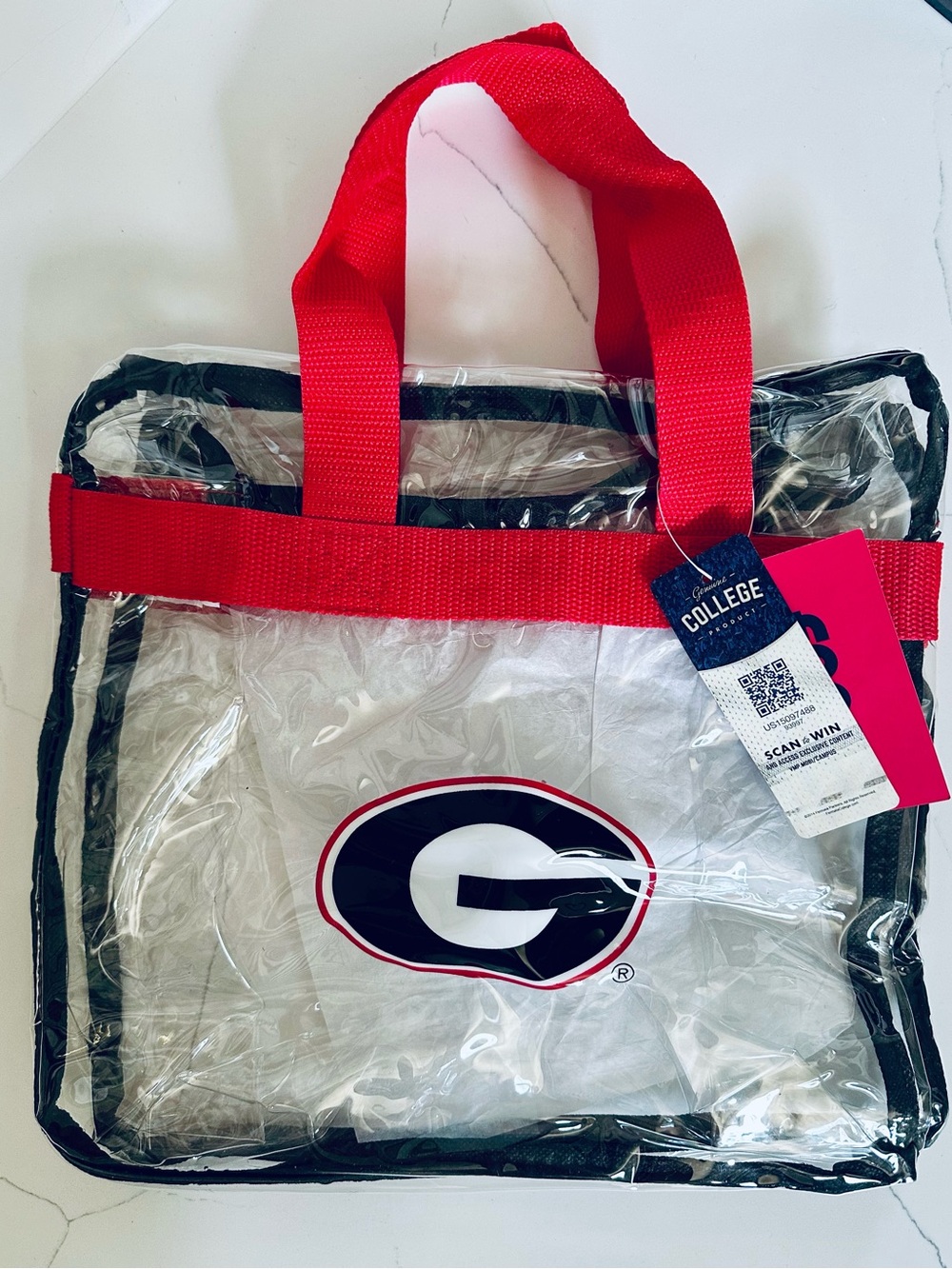 UGA Clear Tote Bag with Red Handles and Georgia 'G' Logo